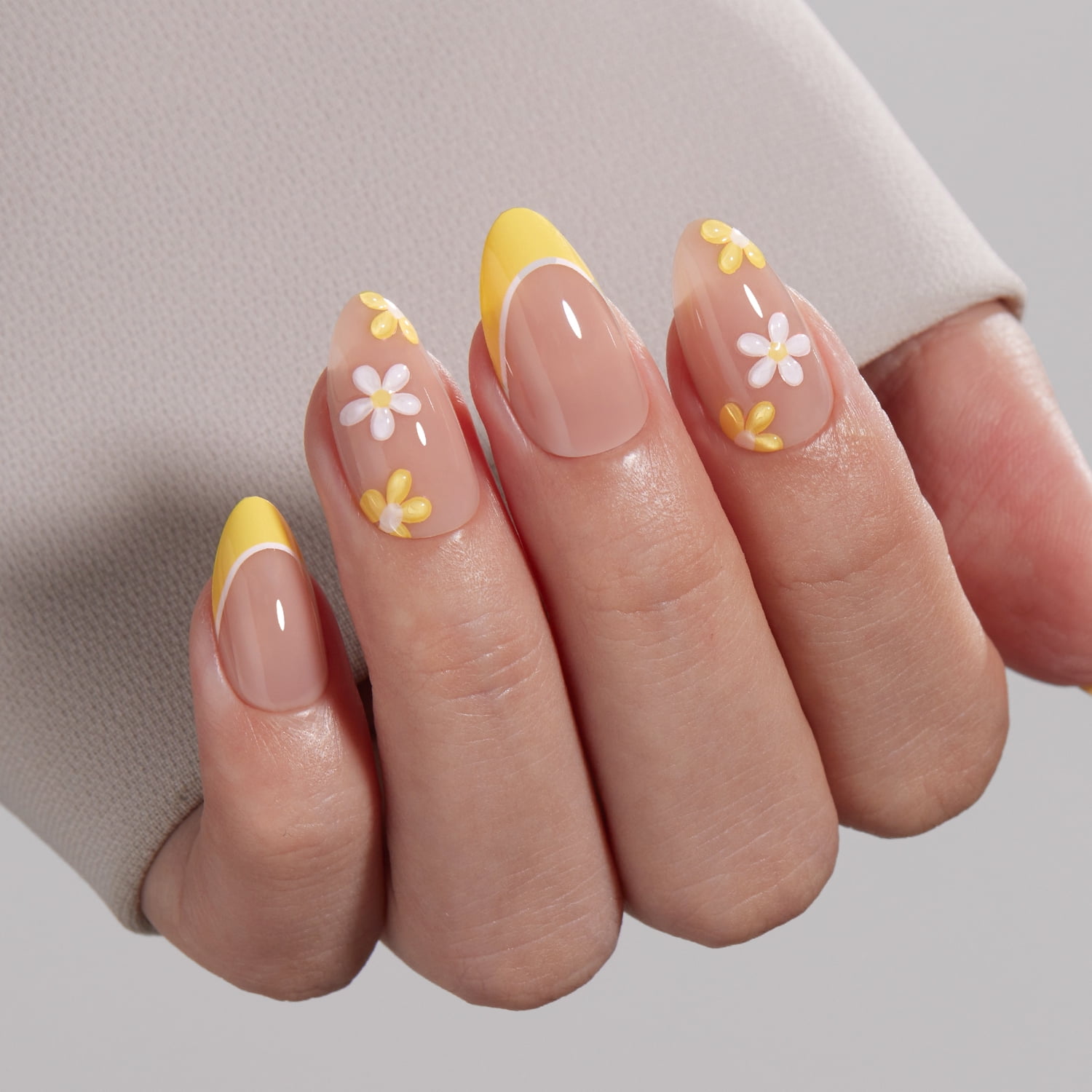 VSALON Press on Nails Short Almond - Lemon Yellow French Tip 3D Flower Design Fake Nails Kit, Reusable Semi-Transparent Gel Glue on Nails with Glue & Cuticle Oil - 32 PCS Stick on Nails in 16 Sizes