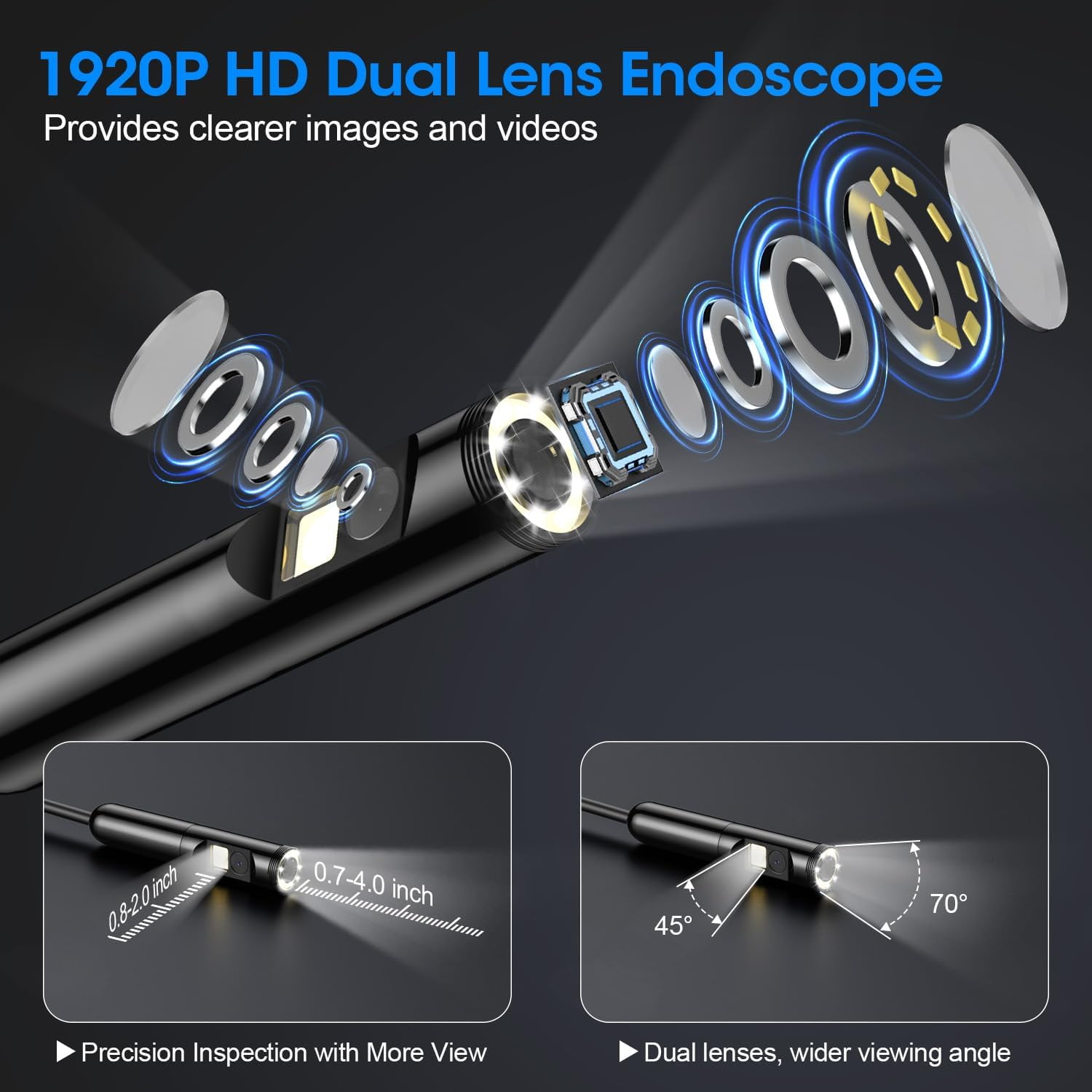 Endoscope with Light, 1920P HD Borescope with 8 Adjustable LED Lights, 9.8FT Semi-Rigid Snake Camera, IP67 Waterproof Inspection Tool for iPhone & Android -Single Lens
