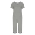 thumbnail image 4 of Women's V-Neck Pajama Set, Short Sleeve Top & Long Pants, Spring Summer Casual Sleepwear & Lounge Suit Gray 3XL, 4 of 6