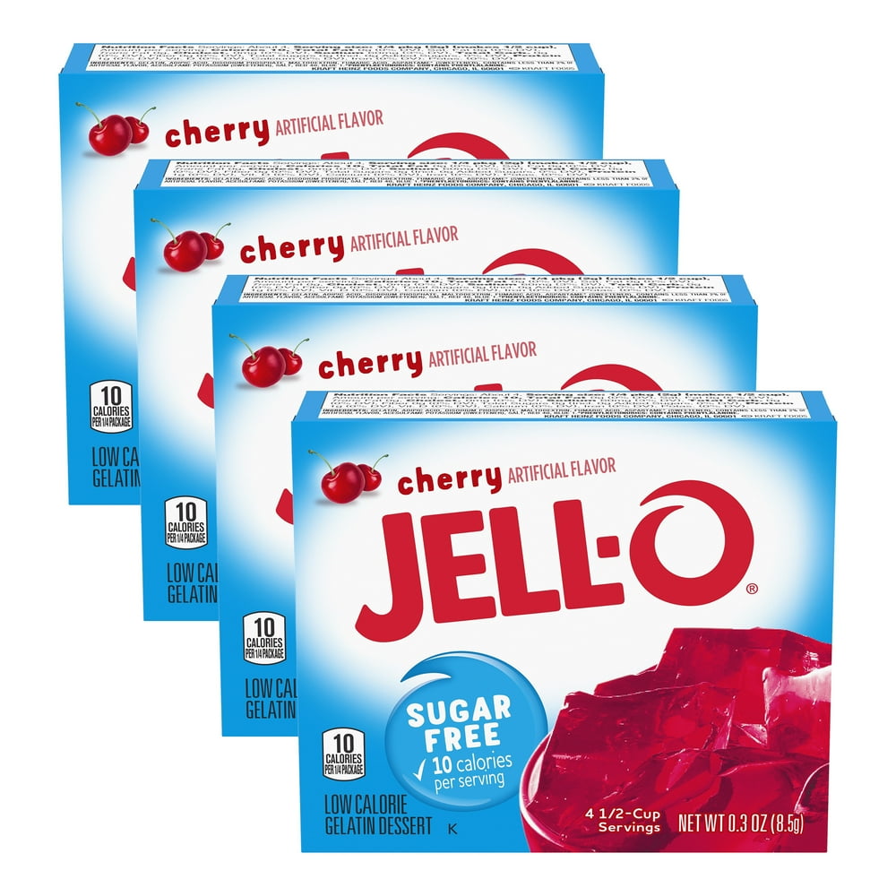 JellO Sugar Free Cherry Instant Gelatin Mix, 0.3 oz Box (Pack4)