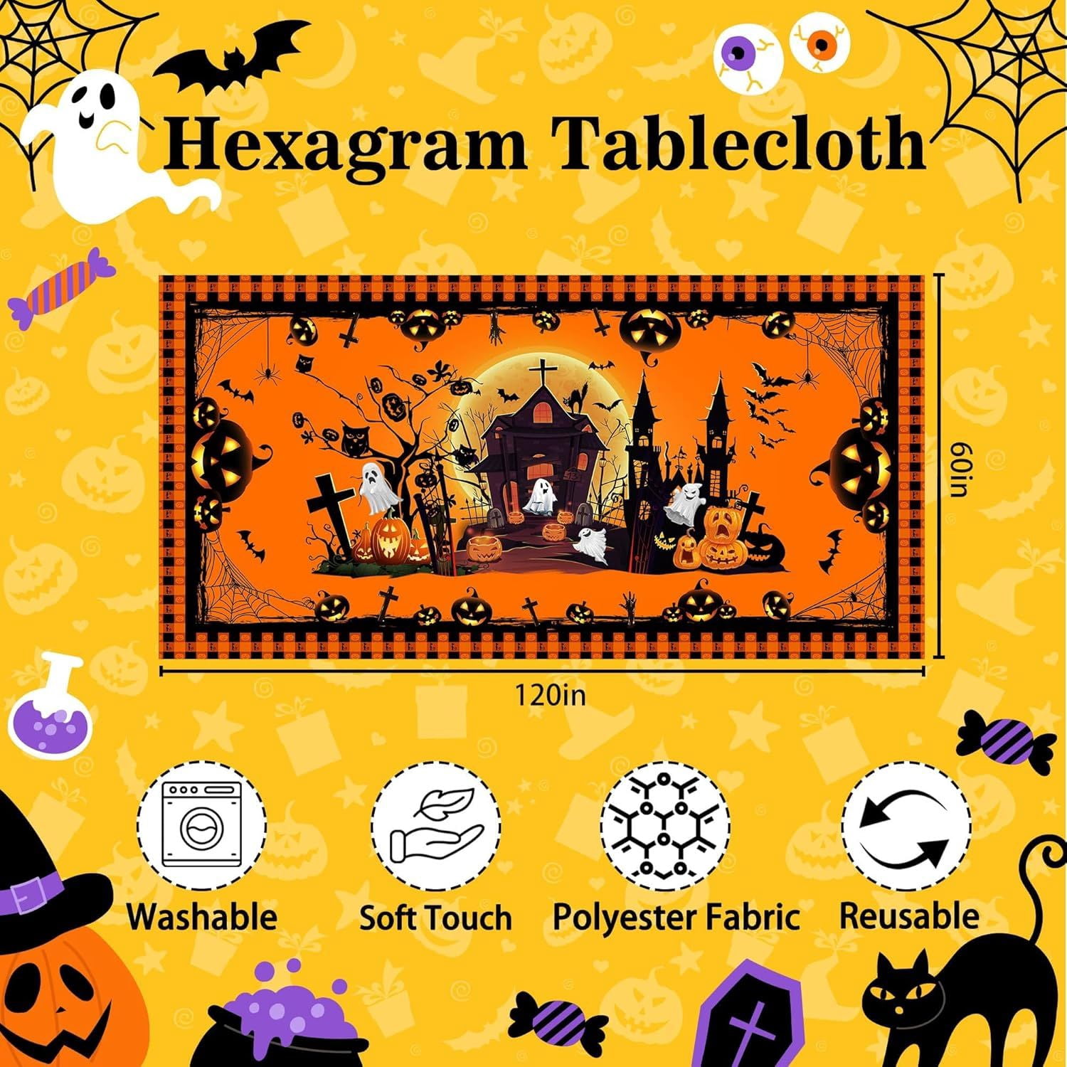 Halloween Tablecloth with Pumpkin Castle Ghost Design for Dining Table