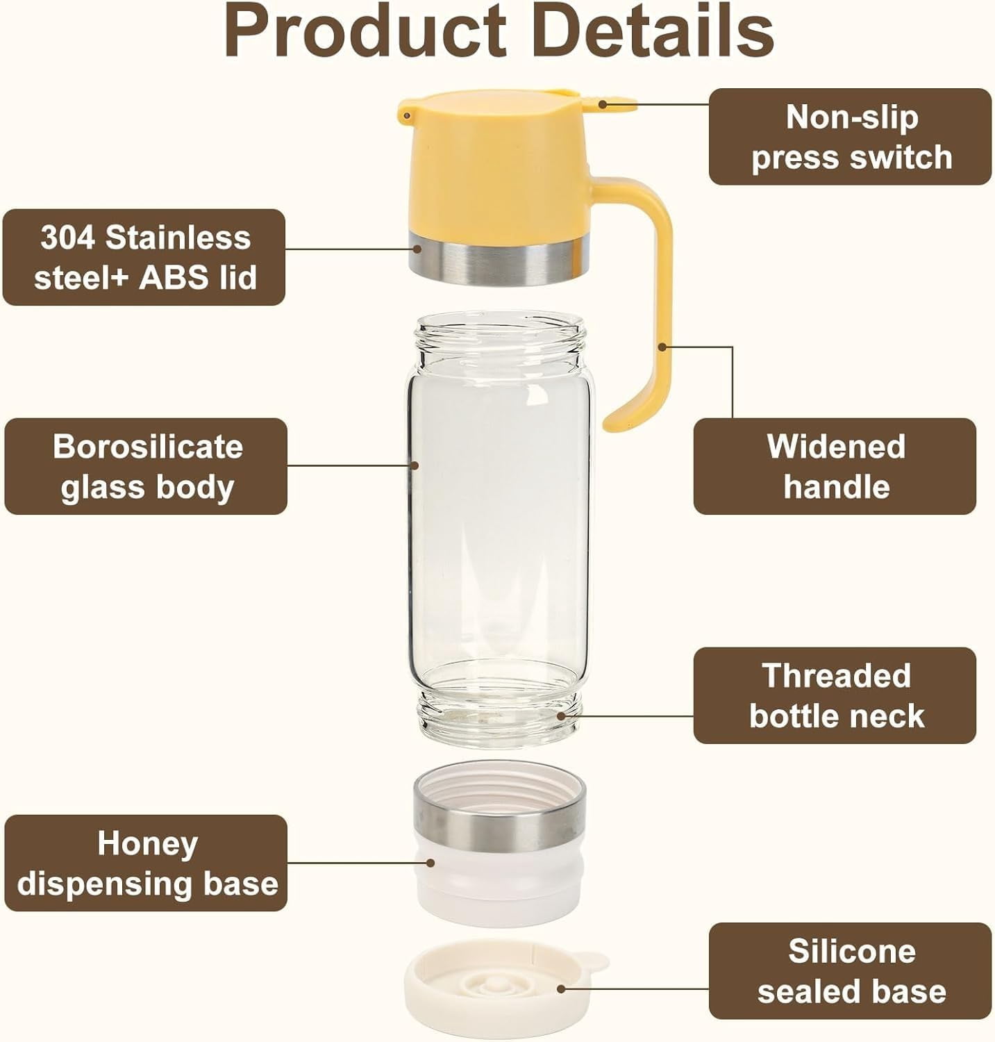 Honey Dispenser No Drip with Base,12 OZ Glass Honey Jar, Refillable No Drip Honey Jar with Handle, Clear Glass Syrup Dispenser for Honey, Maple Syrup, Coffee, Tea & Pancakes(Yellow,300ml)