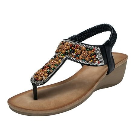 

ZIZOCWA Retro Flip Flops Sandals for Women Summer Wedges Open Toe Soft Casual Ladies Sandals Ethnic Style Beaded Clip Toe Sandals 2023 Black Size8.5