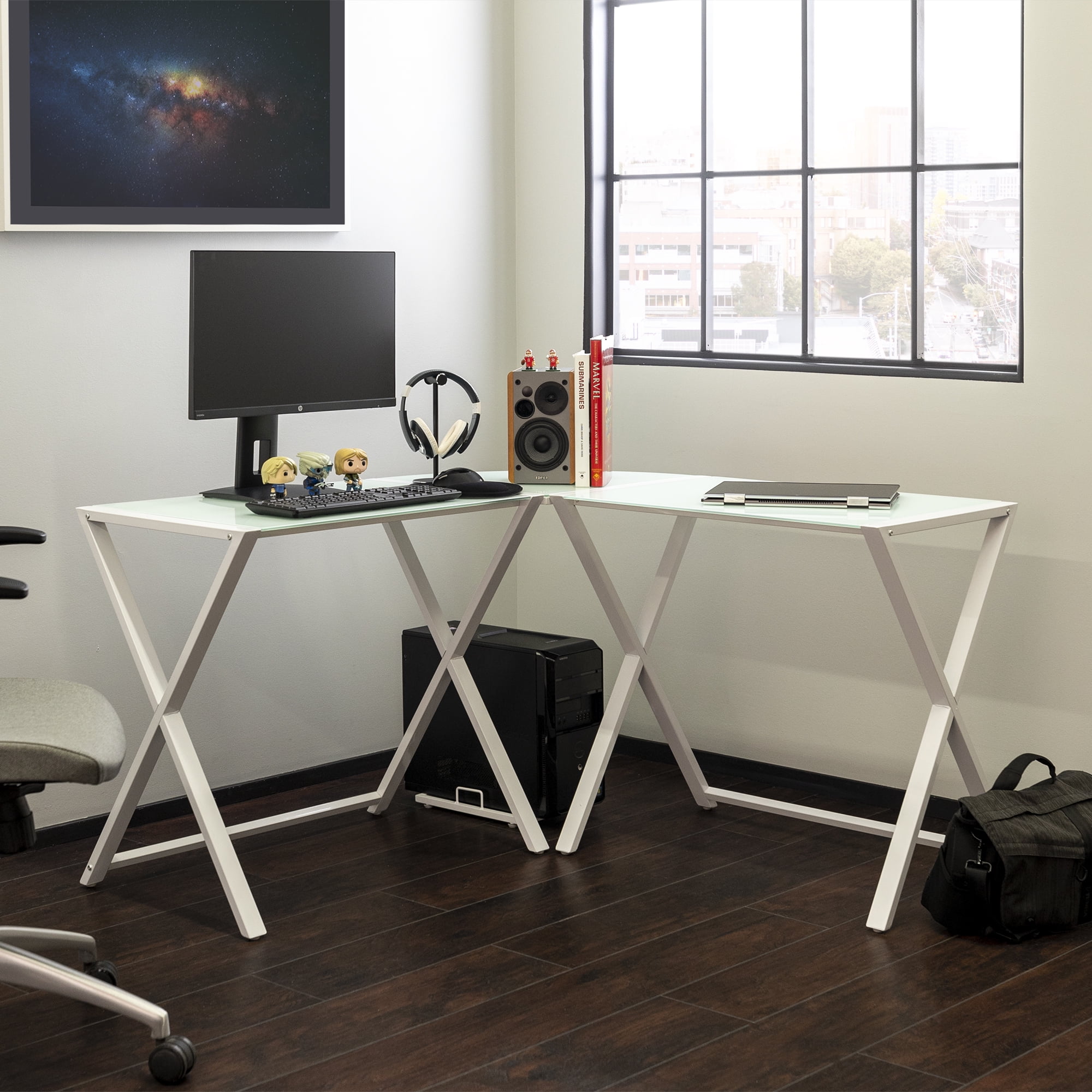 Walker Edison Glass And Metal X Frame Corner Computer Desk White