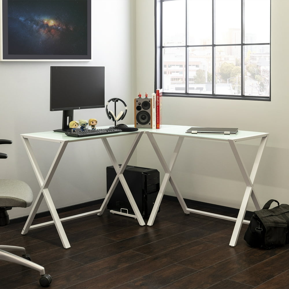 Walker Edison Glass and Metal XFrame Corner Computer Desk, White