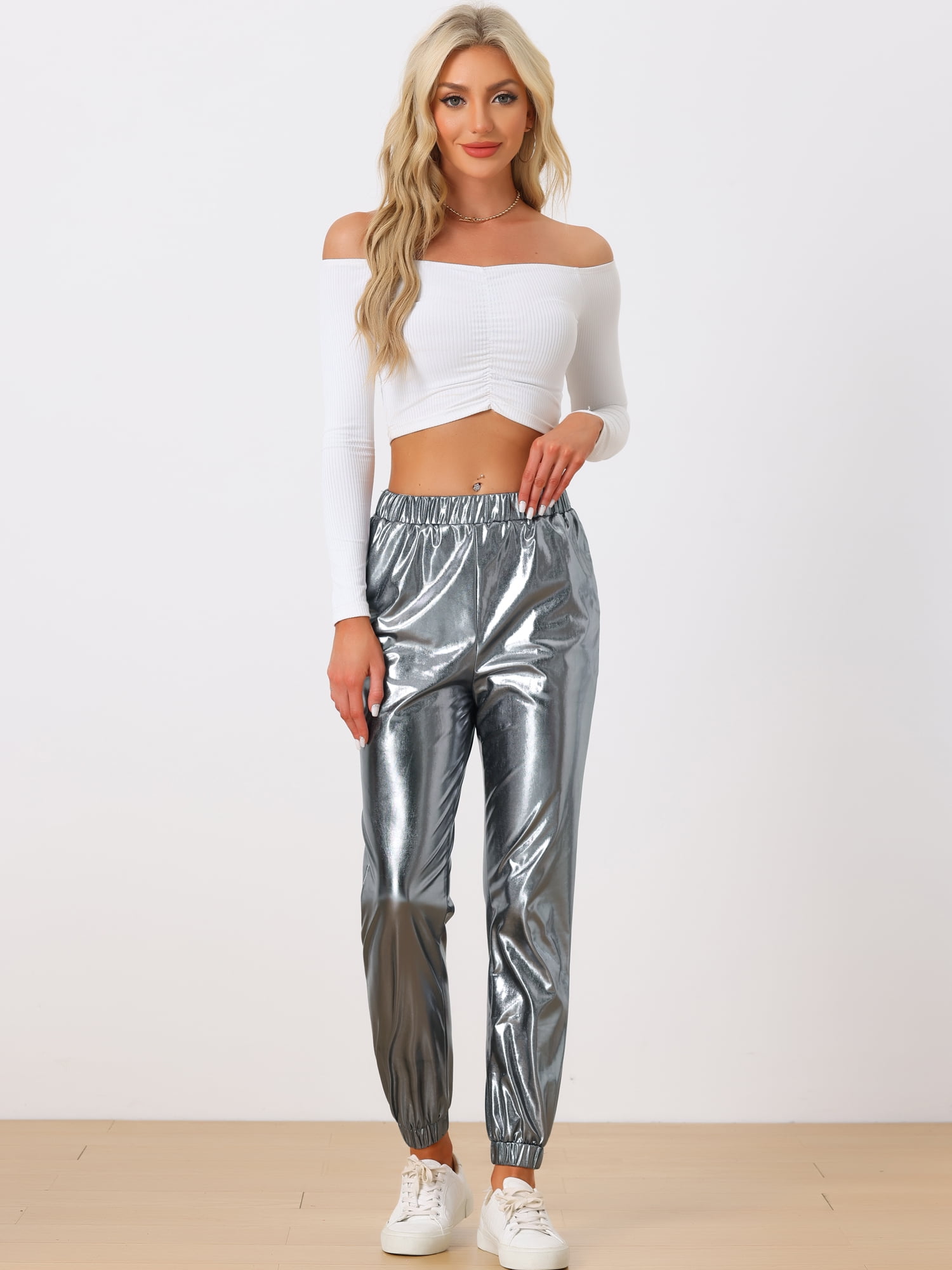 DARING DIVA Women's Sparkle Shiny High Waist Metallic Jogger Pants L Silver Grey