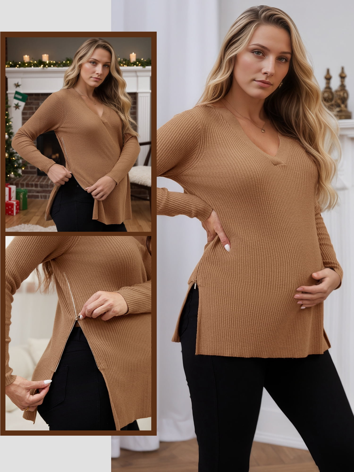 DARING DIVA Women's Maternity Zipper Split Side Sweater for Breastfeeding XXL Khaki