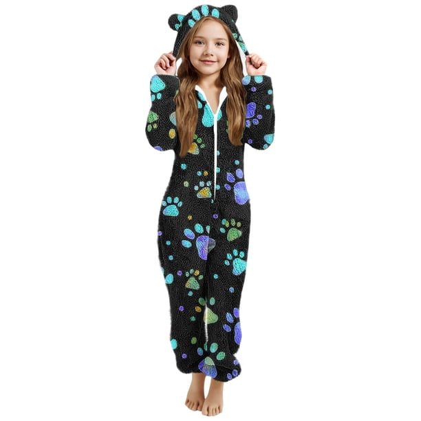 Mono de niña de manga larga con capucha y manga larga, pijama informal de invierno cálido, ropa de dormir para niña, mono de poliéster