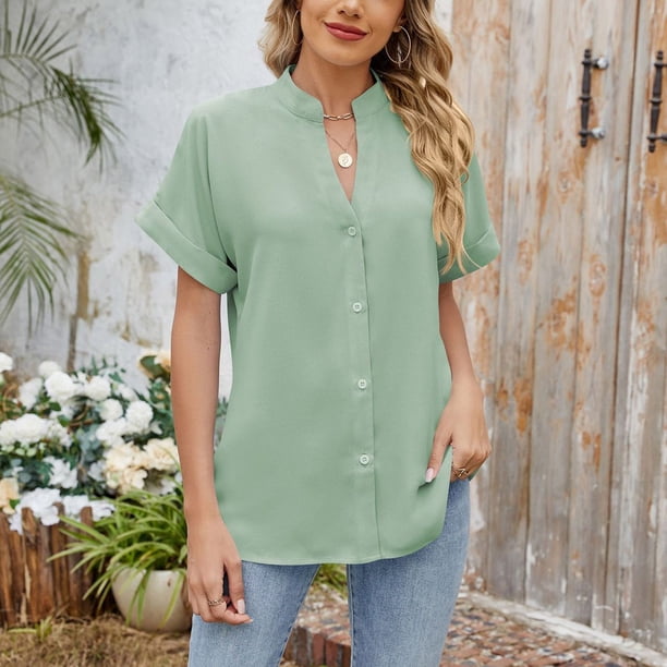 mfyjkho Tops Bohemios Para Mujer, Blusa Holgada De Manga Corta Con Cuello En V, Color Liso, Informal, Para Primavera Y Verano Para Mujer Tops Para Hacer Ejercicio Para Mujer Xxl