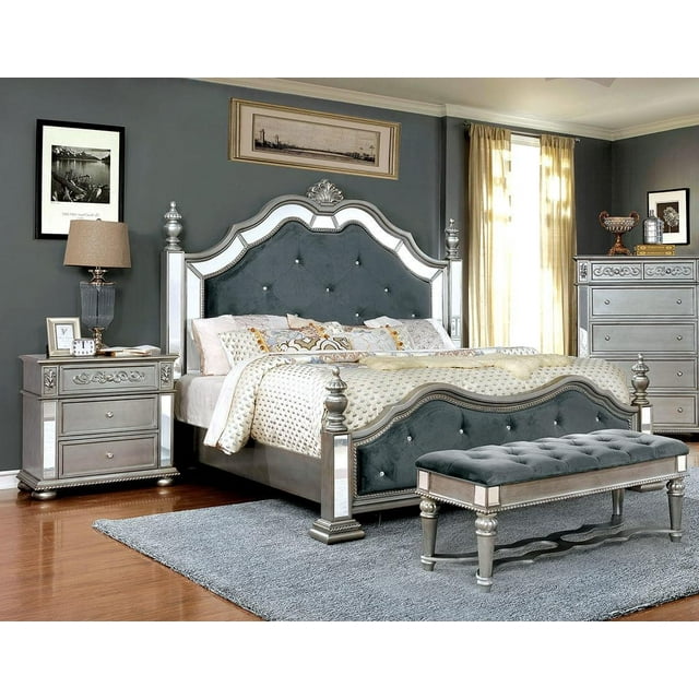 Glam Silver Solid Wood King Bedroom Set 3pcs FOA CM7194 Azha