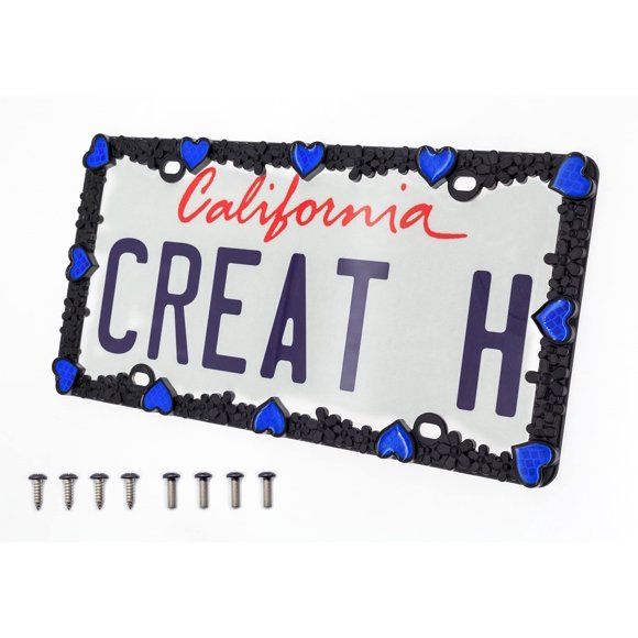 Creathome 3D Daisy Heart License Plate Frame from Pure Zinc Alloy Metal Perfect Plate Holder, Matt Black Daisy with Blue Reflective Heart