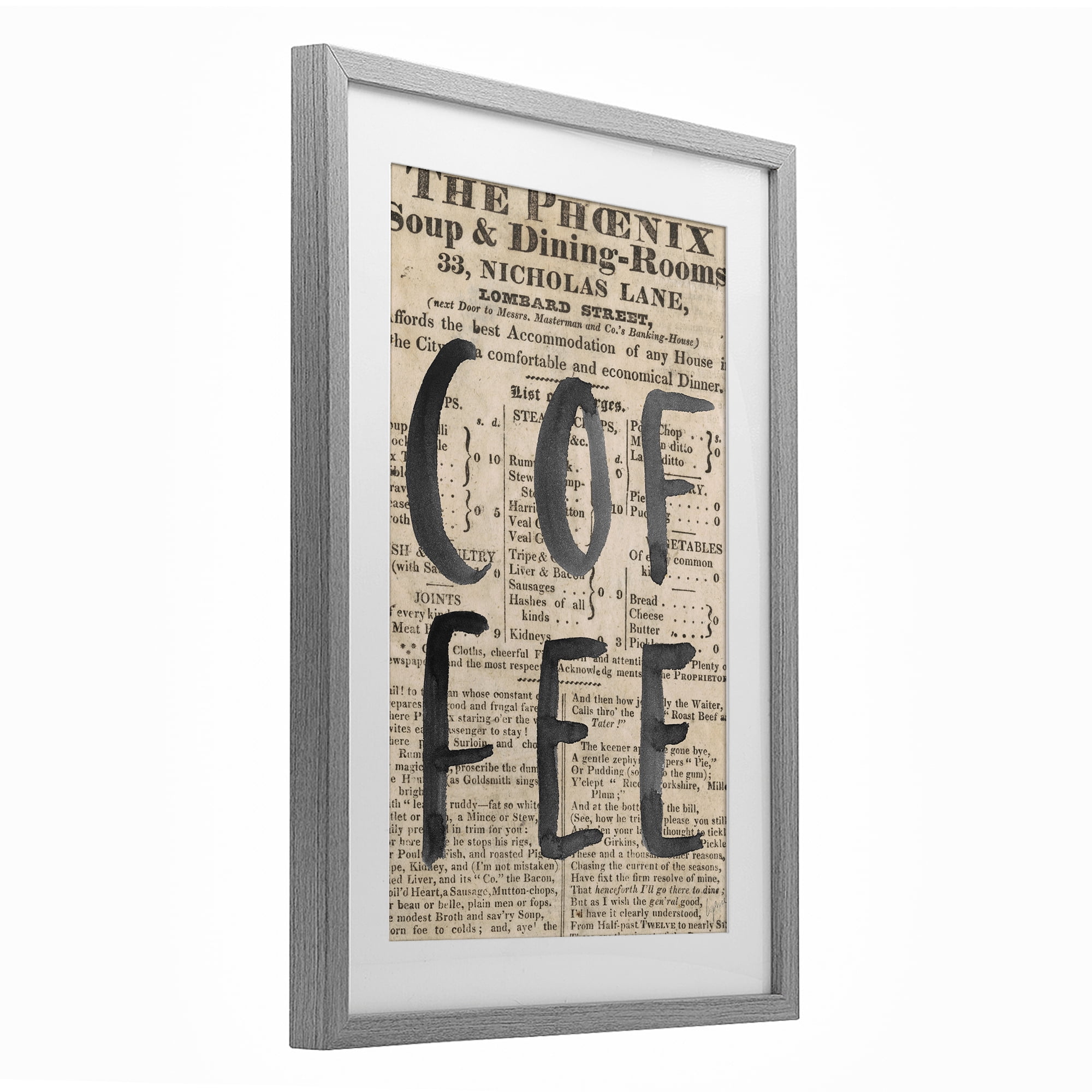 Stupell Industries Vintage Coffee Newspaper Gray Framed Print Under Glass, design by Lucille Price