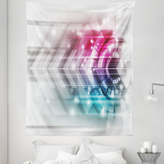 Modern Tapestry, Technologic Futuristic Geometrical Shapes Squares Art Print, Fabric Wall Hanging Decor for Bedroom Living Room Dorm, 5 Sizes, Pale Blue Grey Hot Pink, by Ambesonne