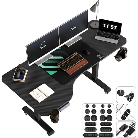 Standing Adjustable Desk  63 inches L Shaped Electric Standing Gaming Desk with Locking Wheels  Cup Holder  Headphone Hook  Cable Manager  Mouse pad  Carbon Fiber Textured Pane