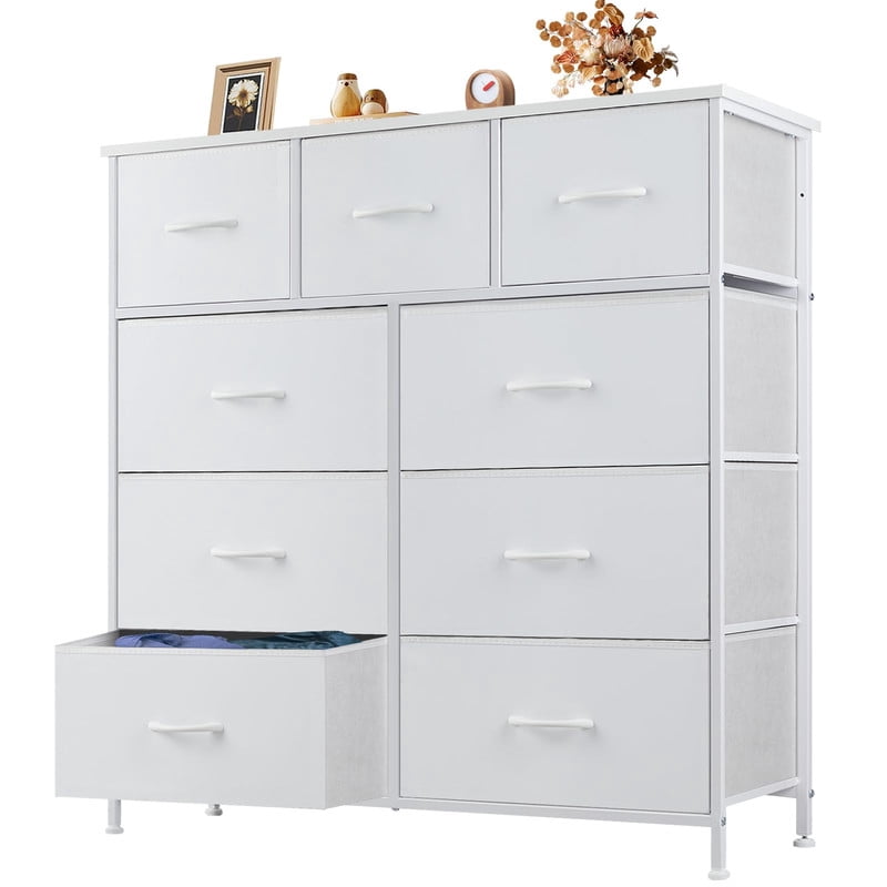 Kelno 9 Drawer Fabric Dresser Storage Tower Chest Organizer with Wood Top Steel Frame, White