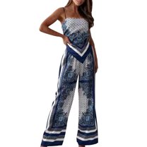 Womens Sexy 2 Piece Vacation Outfits Graphic Strapless Tie Back Tube Top Matching Wide Leg Pants Lounge Holiday Sets