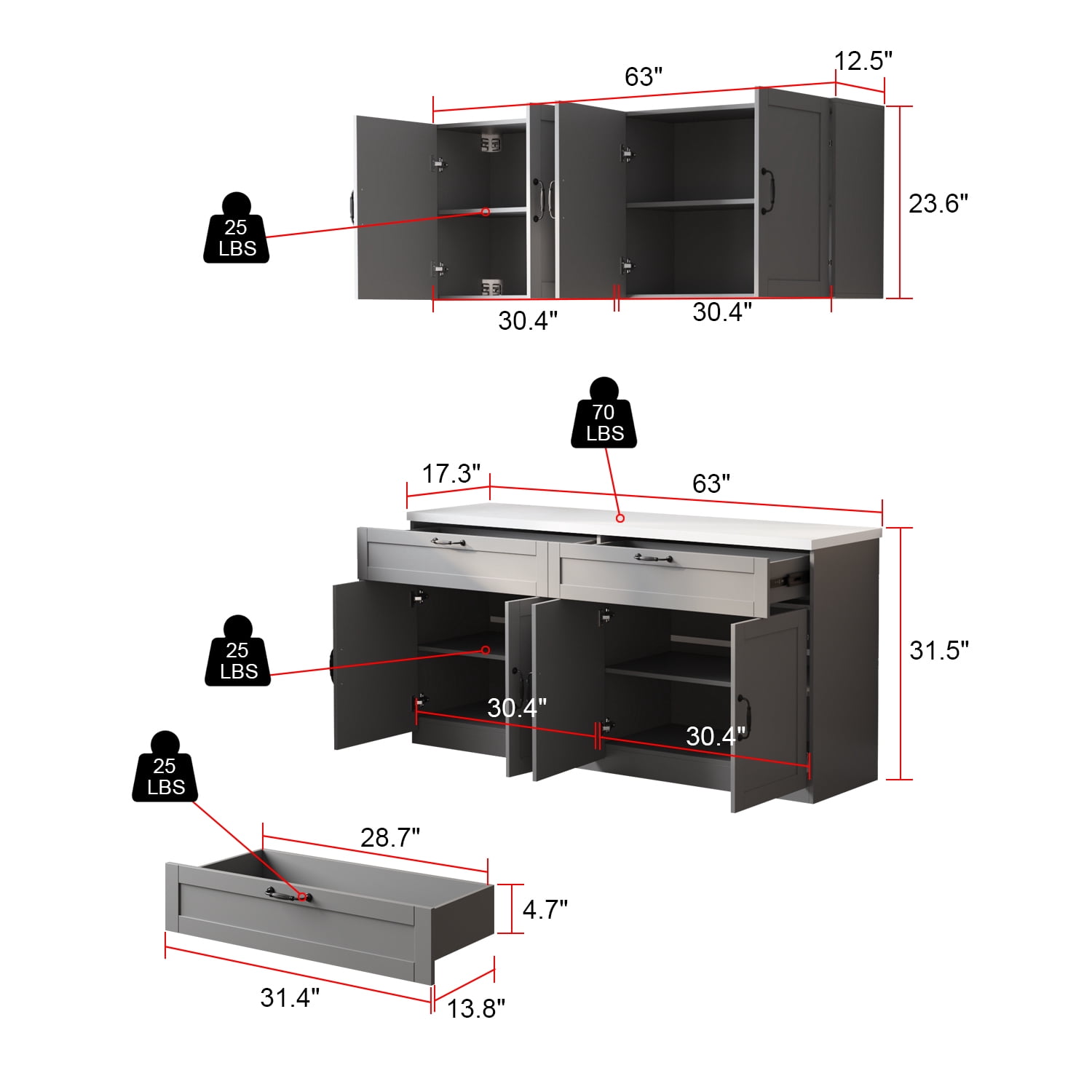 KULAGAGA Kitchen Cabinet with Wall Mounted Hutch, Sideboard Storage Cupboard with Drawers for Home, Gray
