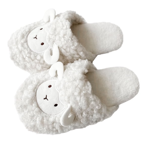 Qingpeng Ladies Closed Toe Open Back Plush Slippers Soft Cozy House Shoes Comfortable Indoor Footwear with Playful Sheep Design for Home