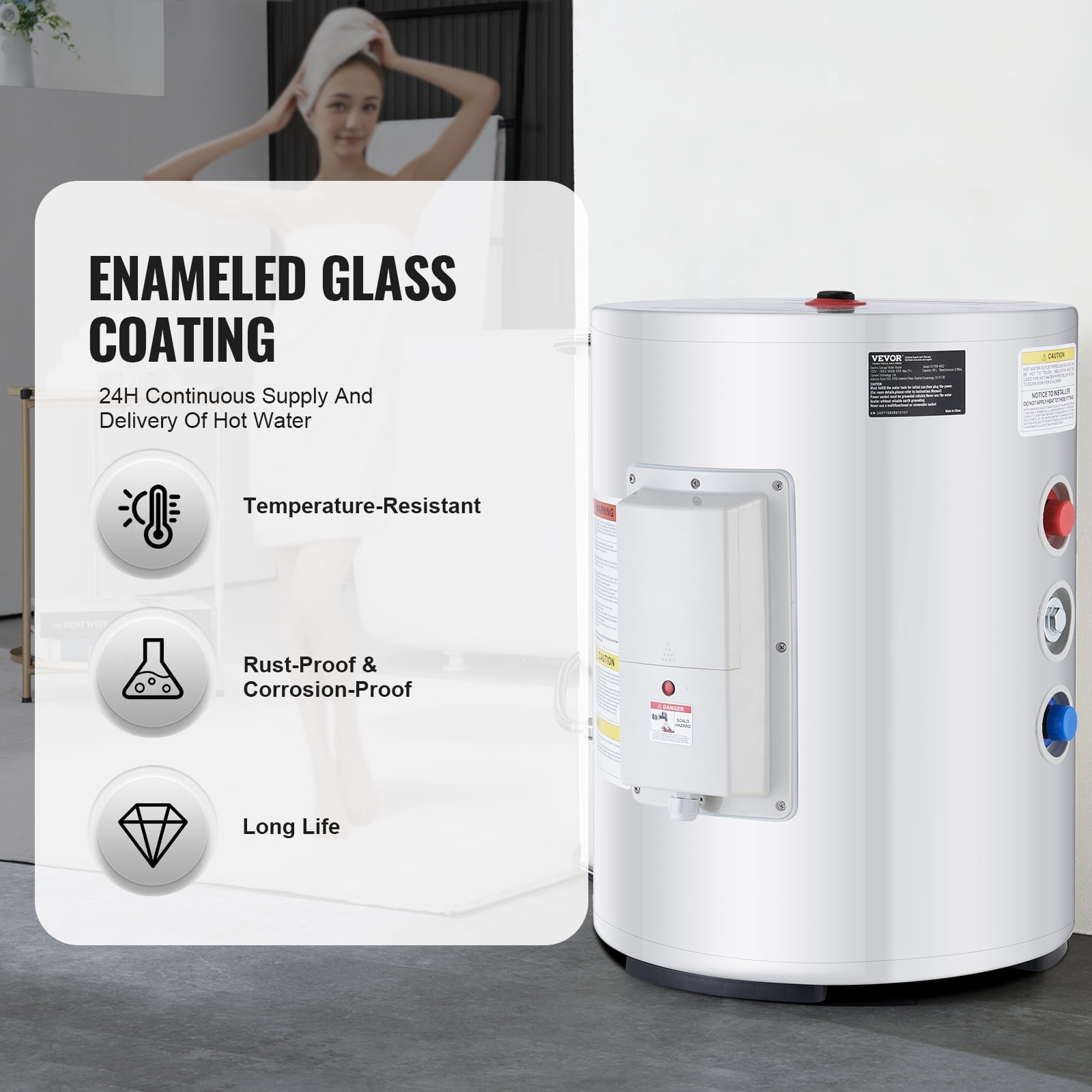VEVOR Electric Water Heater, 10 Gallon Tank Instant Hot Water Heater, 1.6Kw Tankless Water Heater w/ LED Display,Knob Control, IPX4 Waterproof Side Connection On Demand Heaters for Shower, Bath