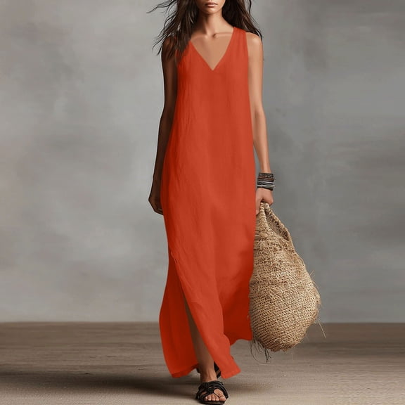 QUNYINEY A Line Women's Plus Size Summer Dresses Sleeveless Long Cotton Linen Sundress Loose Fit V Neck Solid with Slit Dresses
