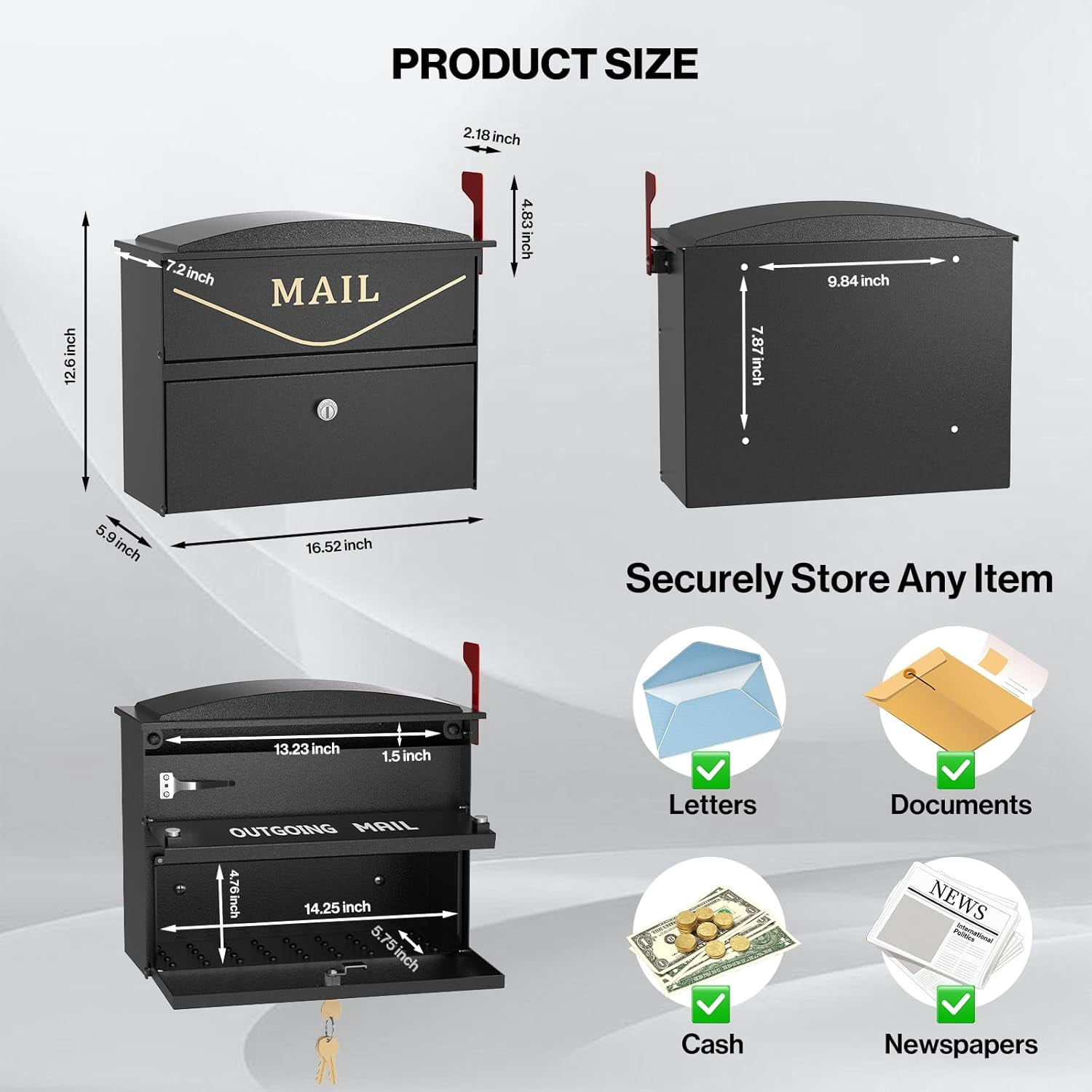 POCHAR Wall Mount Locking Mailbox for Outside, Rust-Proof Aluminum Outdoor Mail Box with Lock & Keys, Drop Box with Combination Lock with Outgoing Flag, Number Stickers (Classic Black)