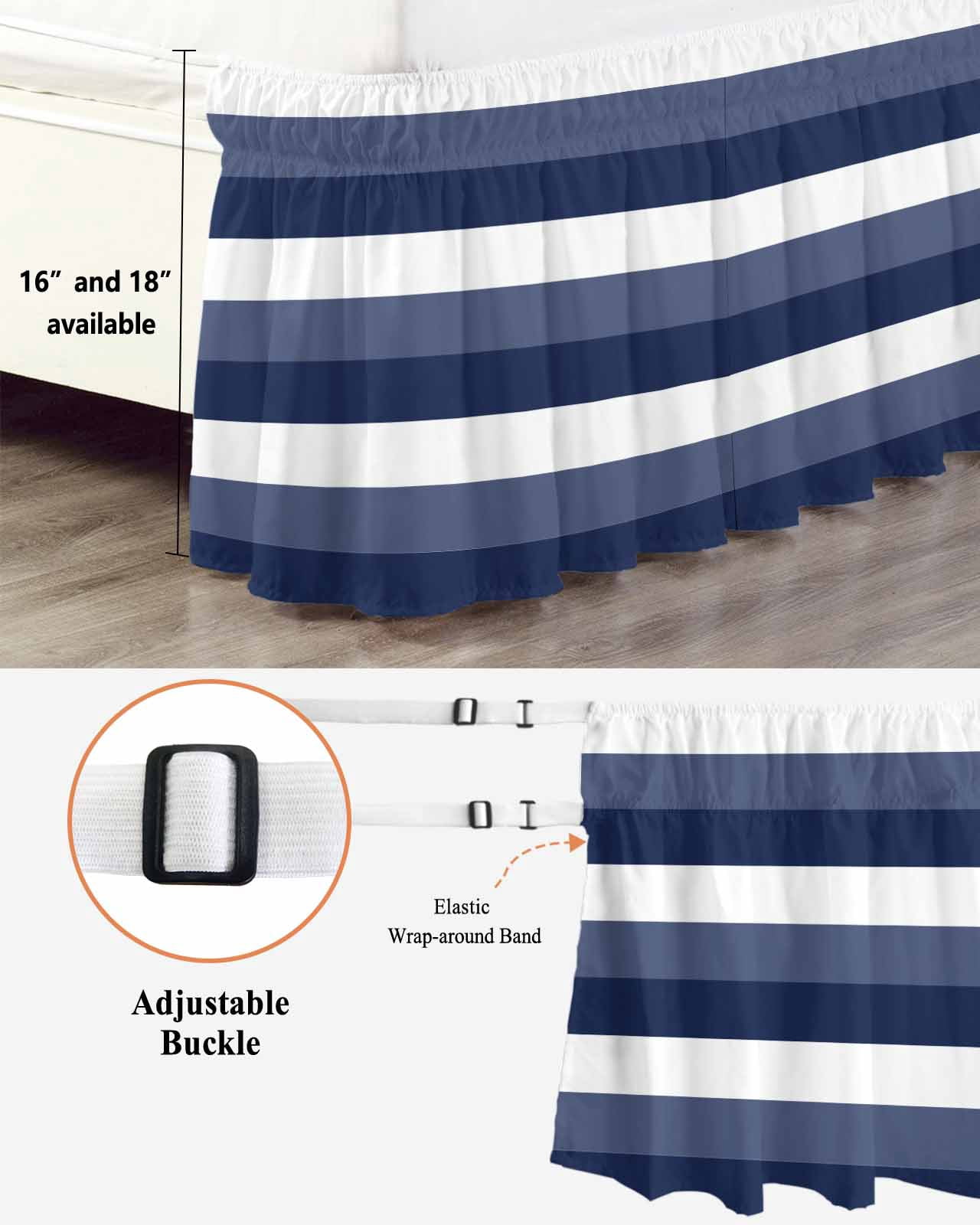 Navy Blue White Striped Wrap Around Bed Skirts for King Bed 18" Drop, Bed Skirt with Adjustable Elastic Belt Dust Ruffle Bed Valance for Bedroom Hotel Luxury Farmhouse Stripes Bed Frame Cover
