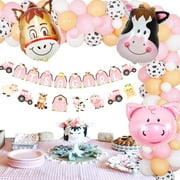 Farm Animals Theme Party Decorations Farm Barn Animals Banner Farmhouse Animals Decor Party Tablecloth Balloon Arch Garland Kit for Birthday Photography Baby Shower Party Supplies (Pink)