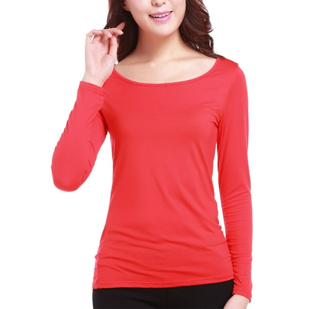 Long Sleeve Undershirt Breathable Plain Pullover Underwear for Female  Ladies Winter Clothing T-Shirt Top Elastic Casual Style Underwear Female  Red 