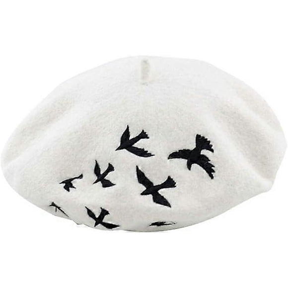 White Painters Beret Wool Beret Hat Robin Embroidery Beret Warm Fashion Hat