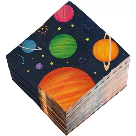 150-Pack Napkins, Outer Space Design, 3-Ply, Unfolded 13x13", Folded 6.5x"6.5"