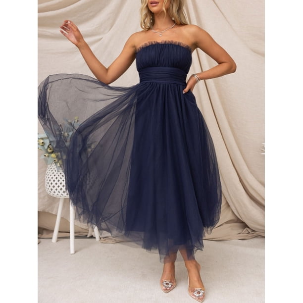 Arvbitana Women Strapless Midi Dress Solid Color Sleeveless Layered Mesh  Tulle Flowy Dress Backless Tube Party Dress for Cocktail Streetwear -  Walmart Business Supplies