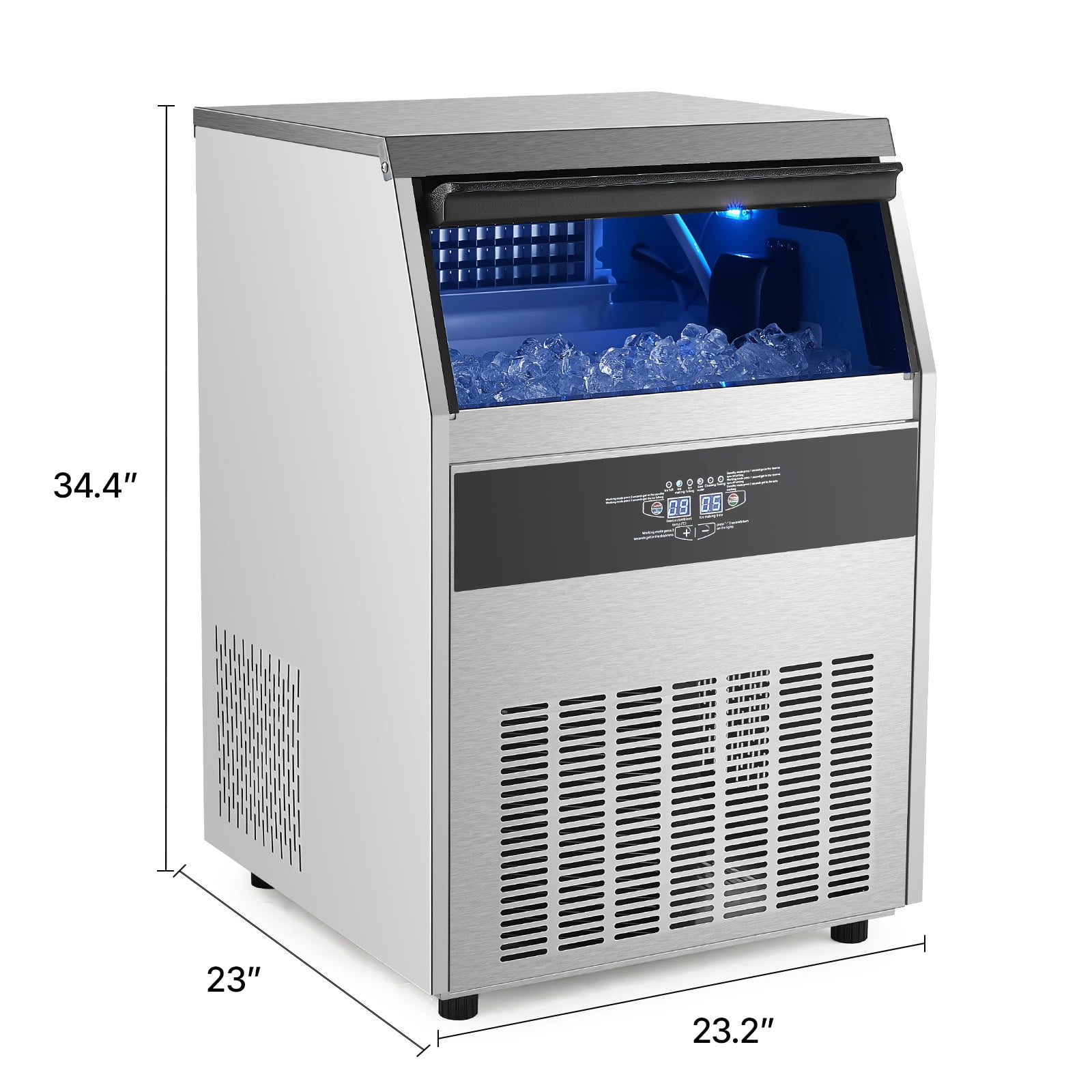 KFFKFF 160lbs/24H Commercial Ice Maker Machine Stainless Steel with 66lbs 80 Cubes Under Counter ice Machine 27.56 in W, 39.76 in H with Auto Clean
