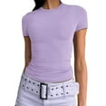 thumbnail image 4 of YDKZYMD Crop Top Hoodie Women Teen Girls Y2k Crew Neck Basic Tee Layering Slim Fitted Short Sleeve Trendy Tight Shirt Going Out Summer Athletic Tops Purple XL, 4 of 5
