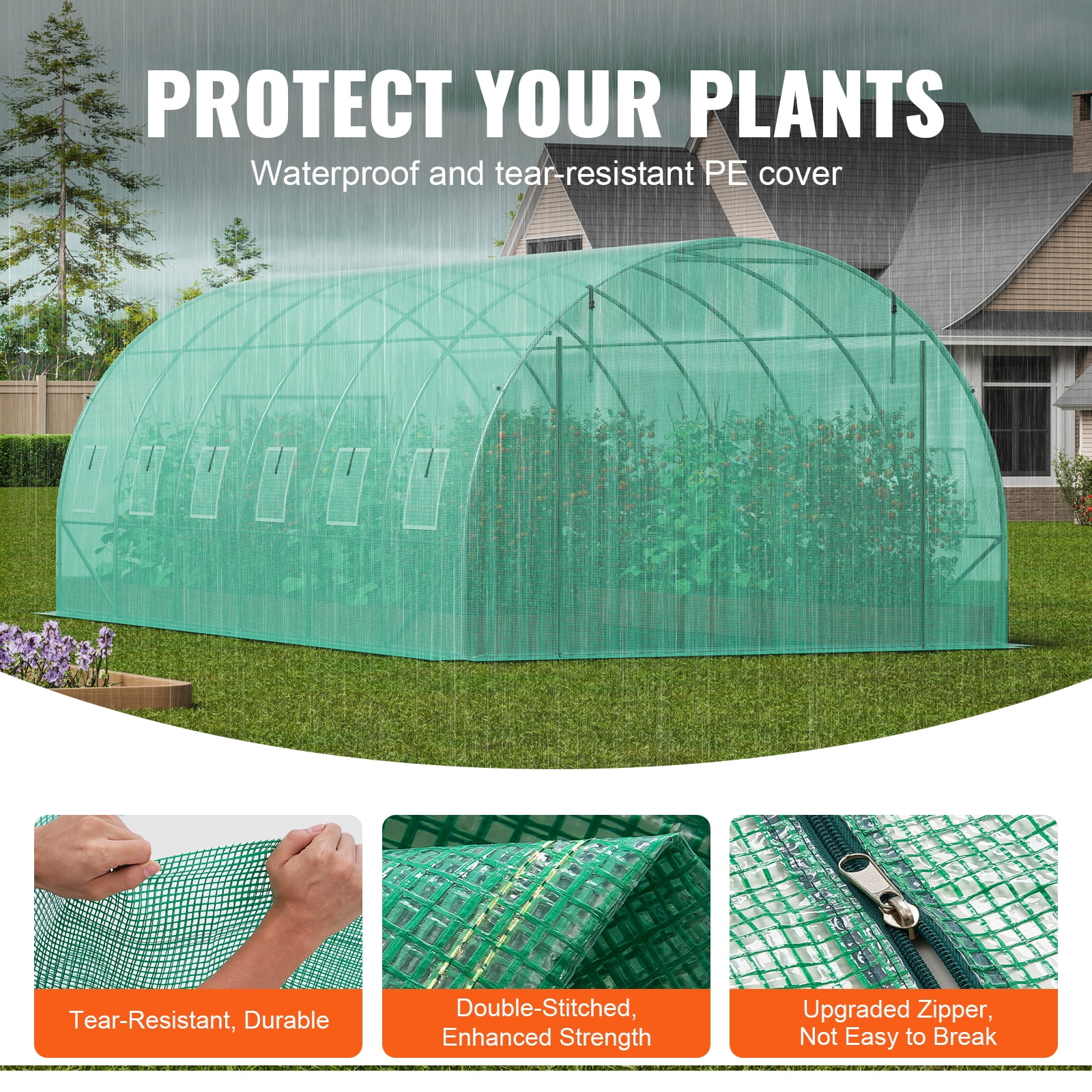 KFFKFF Walk-in Tunnel Greenhouse, 19.4x9.7x6.5 ft Hoop House with Galvanized Steel Frame, Green PE Cover, Roll-up Zipper Door, and 12 Ventilation Windows for Outdoor Gardening