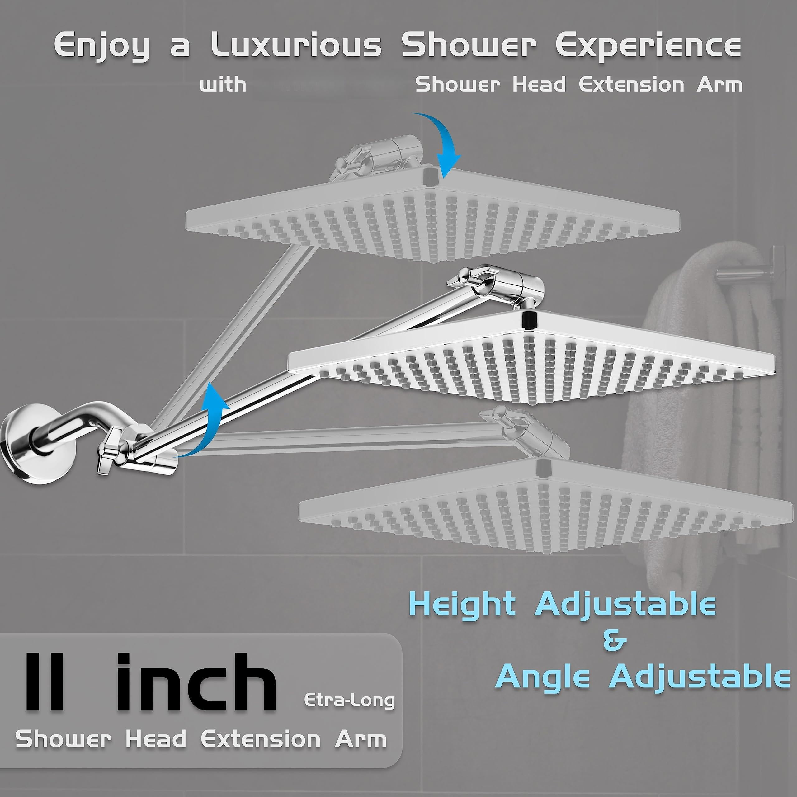Rain Shower Head  8'' High Rainfall Square Showerhead With 11'' Extension Arm Brass Adjustable Extender Waterfall Fixed Showerheads Chrome