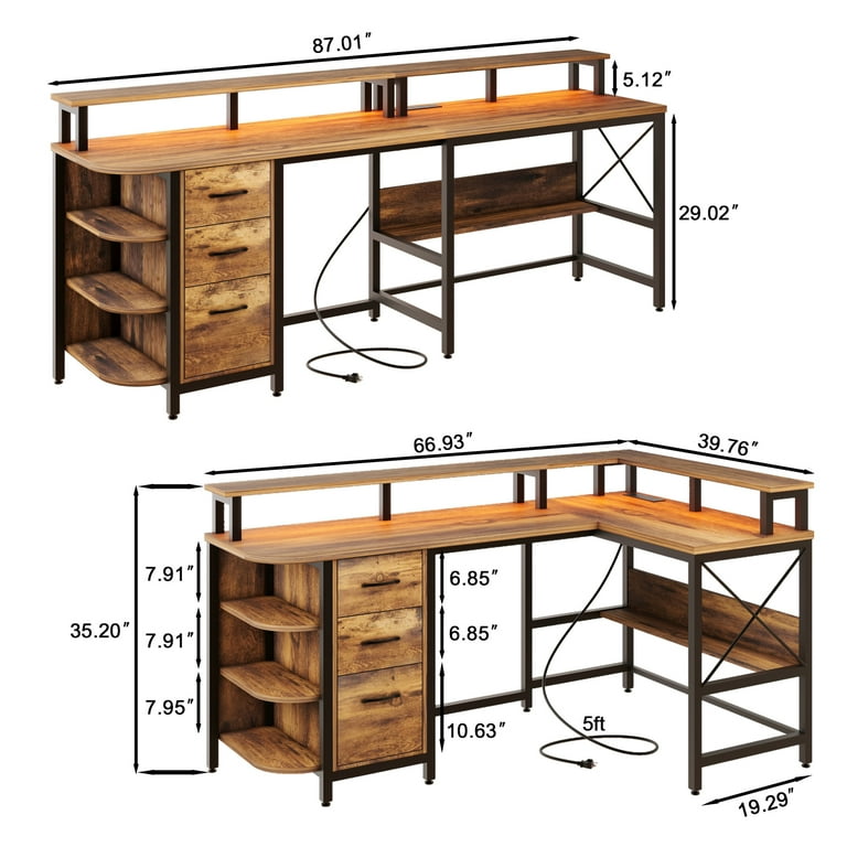 Vabches 67 L Shaped Computer Desk with LED Lights and Power Outlets Reversible L Shaped Gaming Desk with 3 Drawers Hutch Monitor Stand Walmart