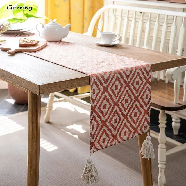 Gerring Nordic Jacquard Blue Table Runner Geometric Tassel Green Tea Table Flag Modern Elegant Table Runners For Dining Table