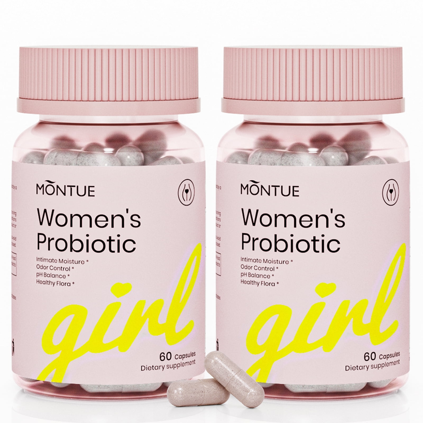 MONTUE Women's Probiotic Capsules, Feminine Intimate Health Supplement for pH Balance, Odor Control & Vaginal Flora Support, with Slippery Elm Bark, Inulin & Cranberry Extract, 120 Capsules,2 Pack.