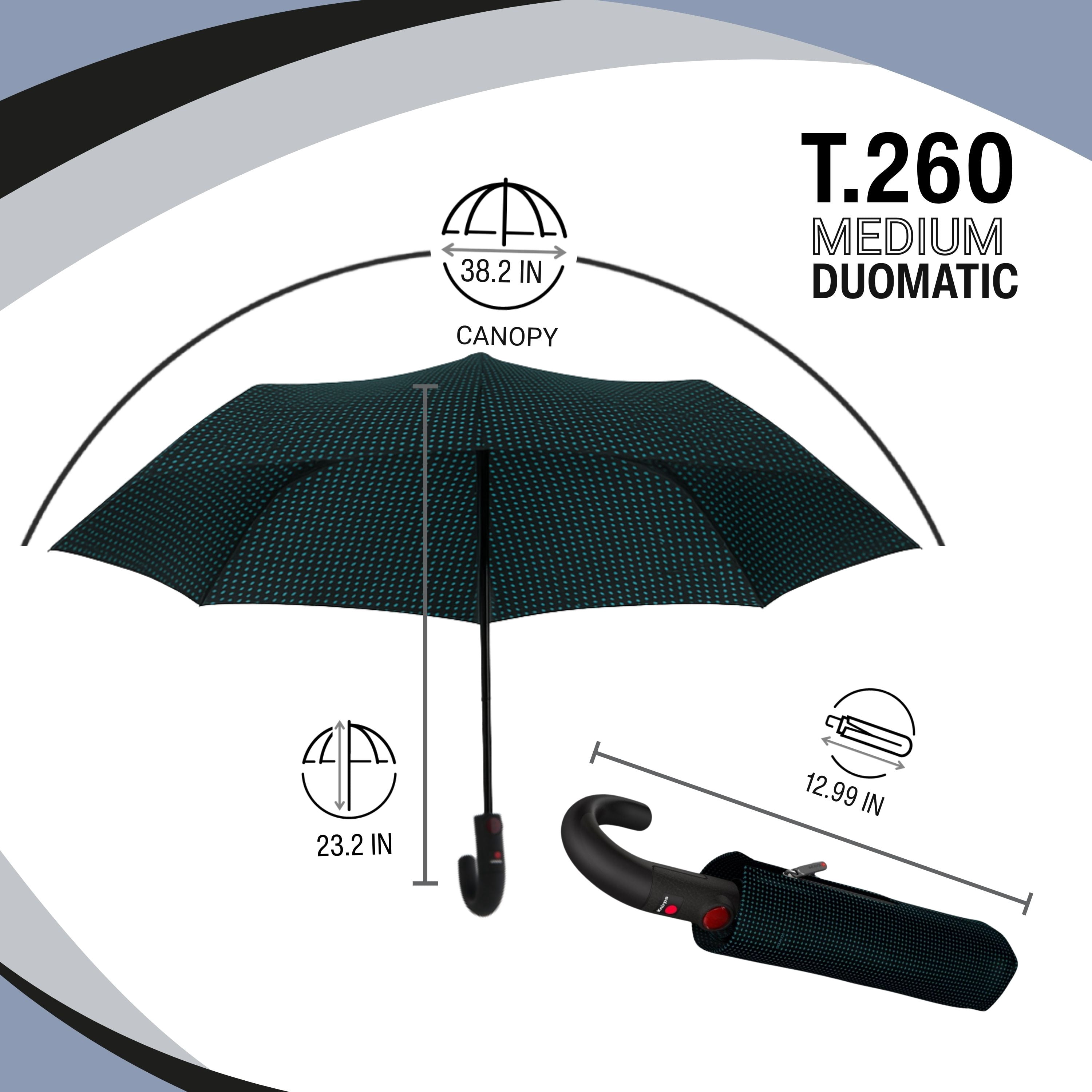 Knirps T.260 Duomatic Medium Pocket Rain Umbrella in Watson Aqua – Automatic Open Close, Wind-Tunnel Tested to 93mph, Hook Handle Design, 38in Canopy, OEKO-TEX, Fits in Backpacks & Purses