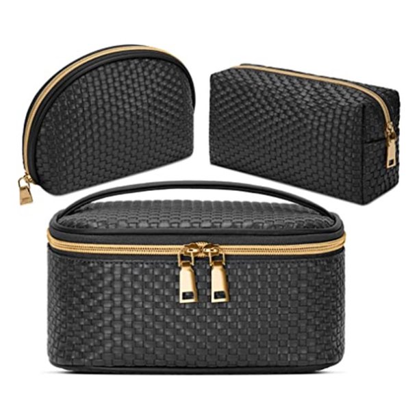 Bolsa de Maquillaje 3 Piezas Bolsa de Cosméticos Impermeable Set Bolsa de Cosméticos de Viaje Portátil Bolsa de Almacenamiento Organizador Multifunción Bolsa de Aseo Tejido para Mujeres y Niñas, Negr