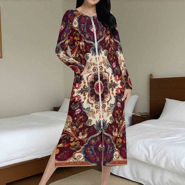 Batas de invierno para mujer, camisón cálido y camisón de invierno con cremallera y bolsillos, pijama holgado para mujer.