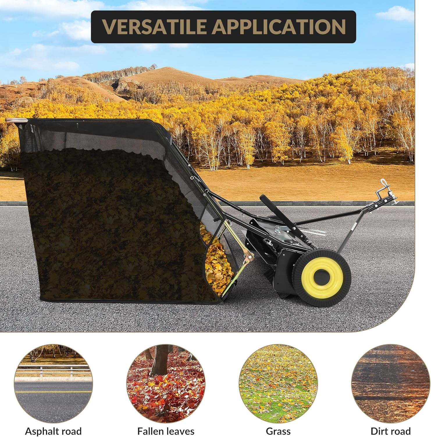 Tow Behind Lawn Sweeper 52", Pull Behind Lawn Sweeper, 27 cu. ft Large Capacity Leaf & Grass Collector, with Adjustable Sweeping Height and Dumping Rope Design for Picking Up Debris and Grass