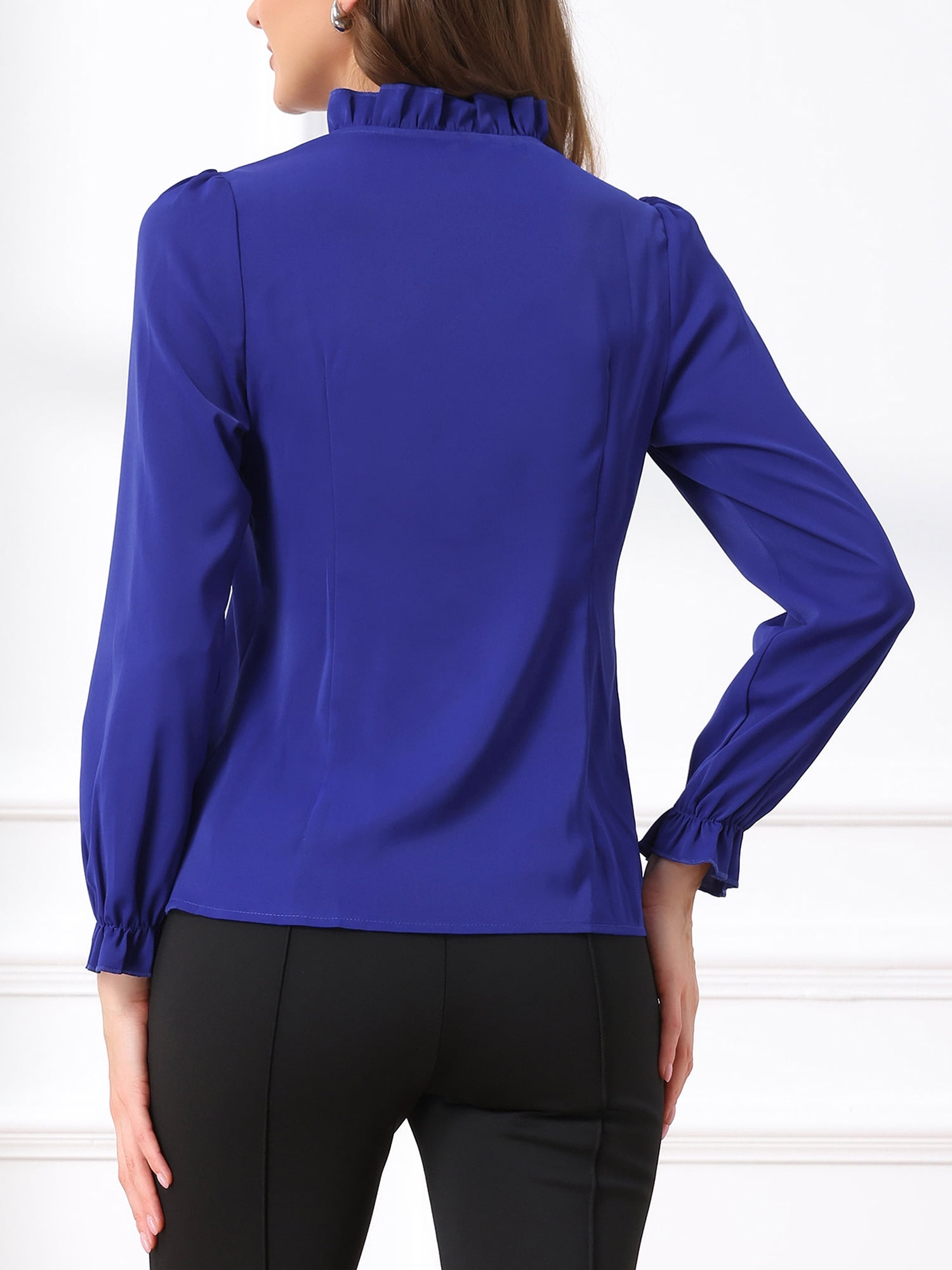 DARING DIVA Women's Spring Blouse Long Sleeve Ruffle Tie Neck Business Top L Royal Blue