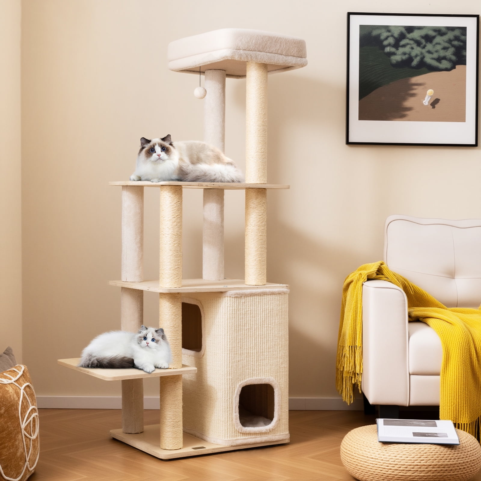 Gymax 63'' Tall Wooden Cat Tree w/2-Story Condo Plush Padded Top Perch Dangling Ball