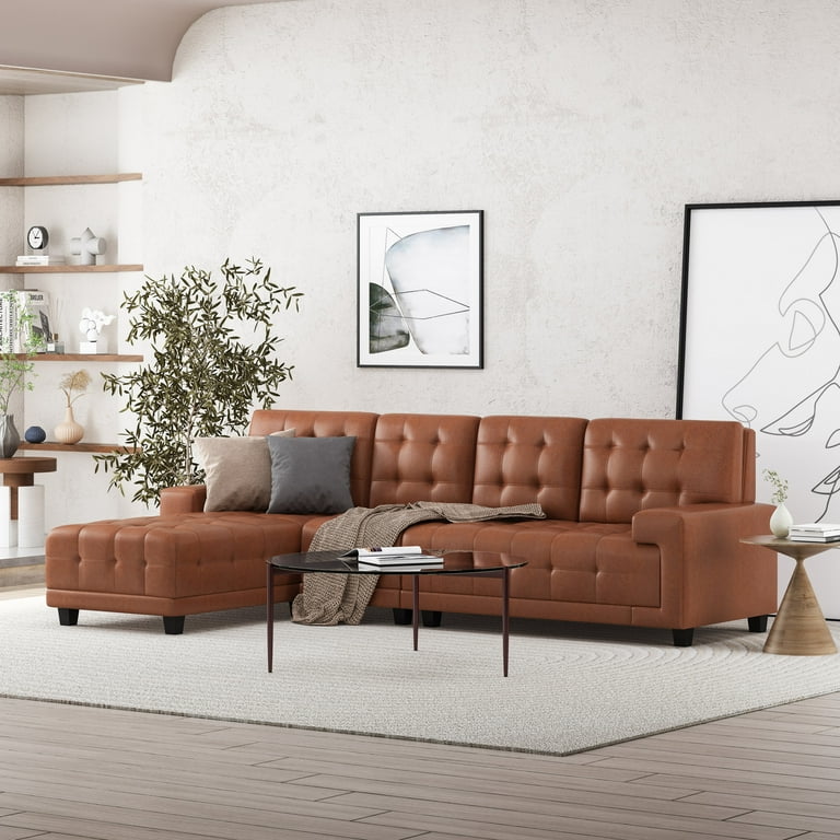 Brown leather sale tufted sectional