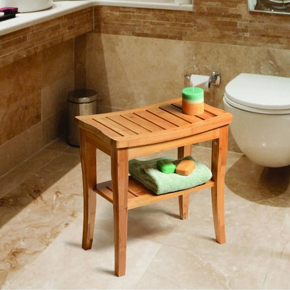 Bamboo Shower Bench with Storage Shelf, 17" Spa Stool for Inside Shower, Non-Slip Bathroom Seat, Foot Rest for Shaving, Indoor and Outdoor Use