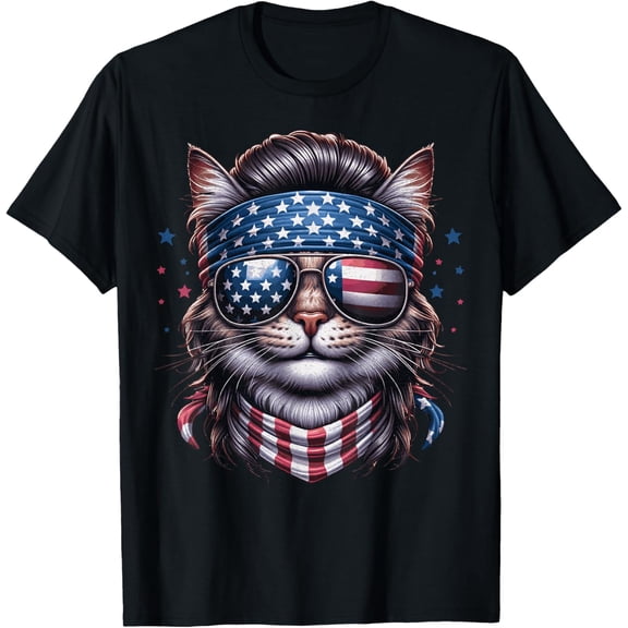 Vintage Cat American Flag Patriotic Funny Mullet Cat 4th Of July Men Women T-shirt