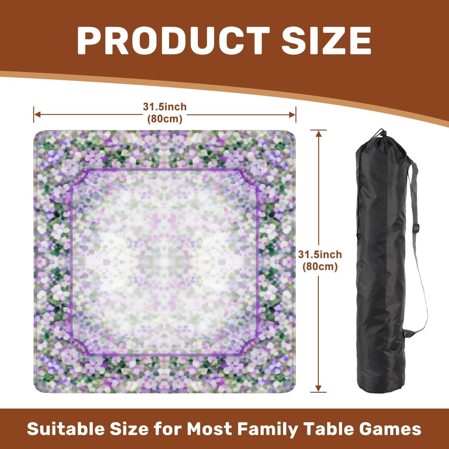 Mahjong Mat with Carrying Bag 31.5" x 31.5" Non-Slip Noise Reduction Floral Pastel Watercolor Soft Purple Frame Abstract Blossoms Table Mat for Mahjong Poker Dominoes Card Board Tile Games