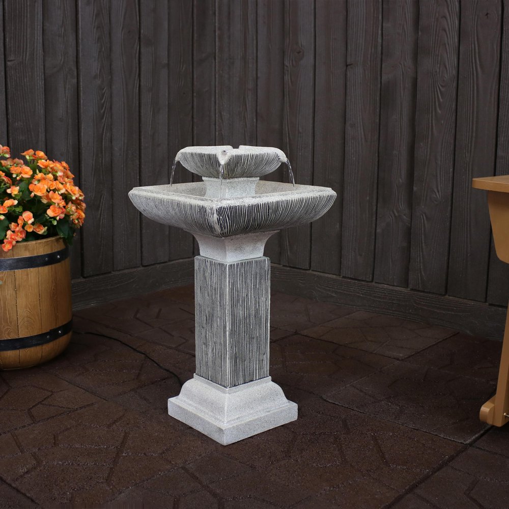 Sunnydaze Square 2Tier Outdoor Bird Bath Water Fountain with LED