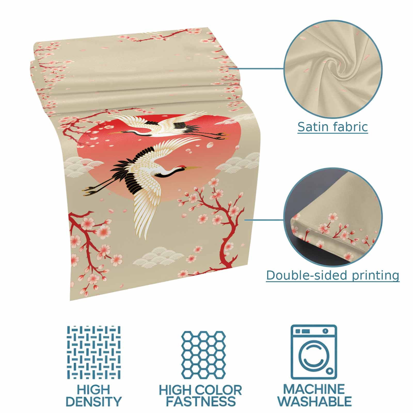 Pink Cherry Blossom Crane Bed Runner for Queen Size Bed, Japanese Style Cloud Harmony Soft Bedding Scarf Bedding Protector Slipcover Sofa Throw for Bedroom Hotel Guesthouse